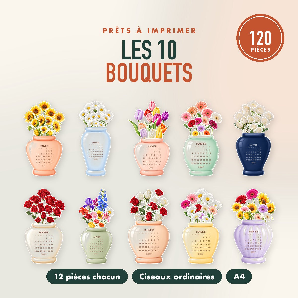 Calendriers de Bureau 2027 — Les 10 bouquets