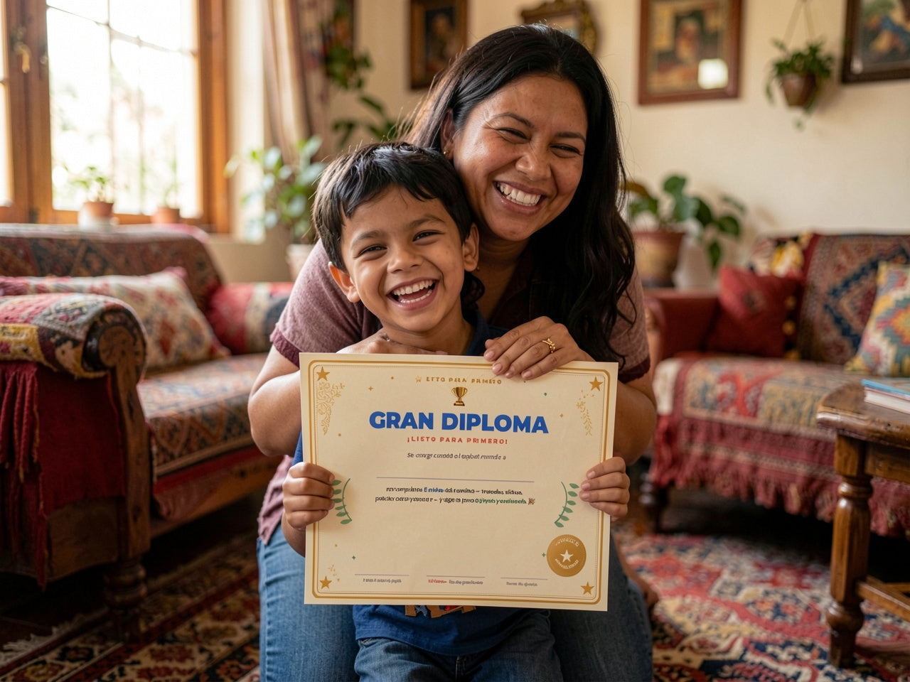 Mamá e hijo celebrando con su Gran Diploma