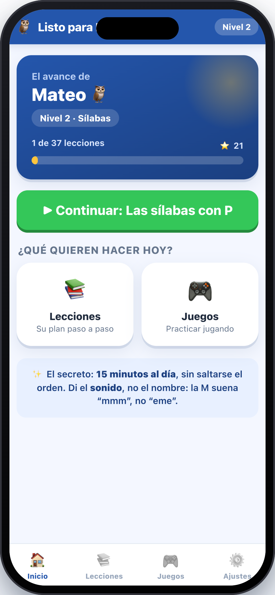 La app lleva el progreso por niveles